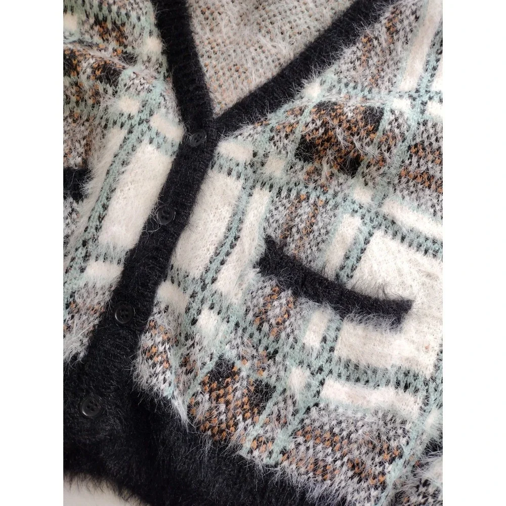 Stitch & Pine Women Black White Plaid Fuzzy Eyelash Knit Button Cardigan Large